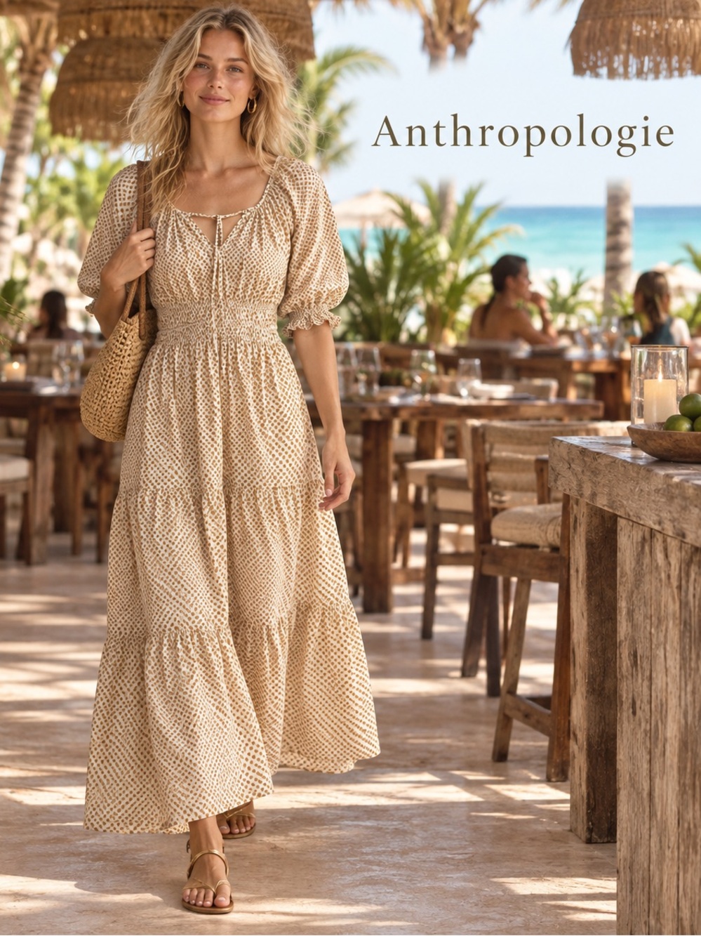 🌸Anthropologie Beige Smocked Tiered Maxi Dress Puff Sleeves size S Cottagecore